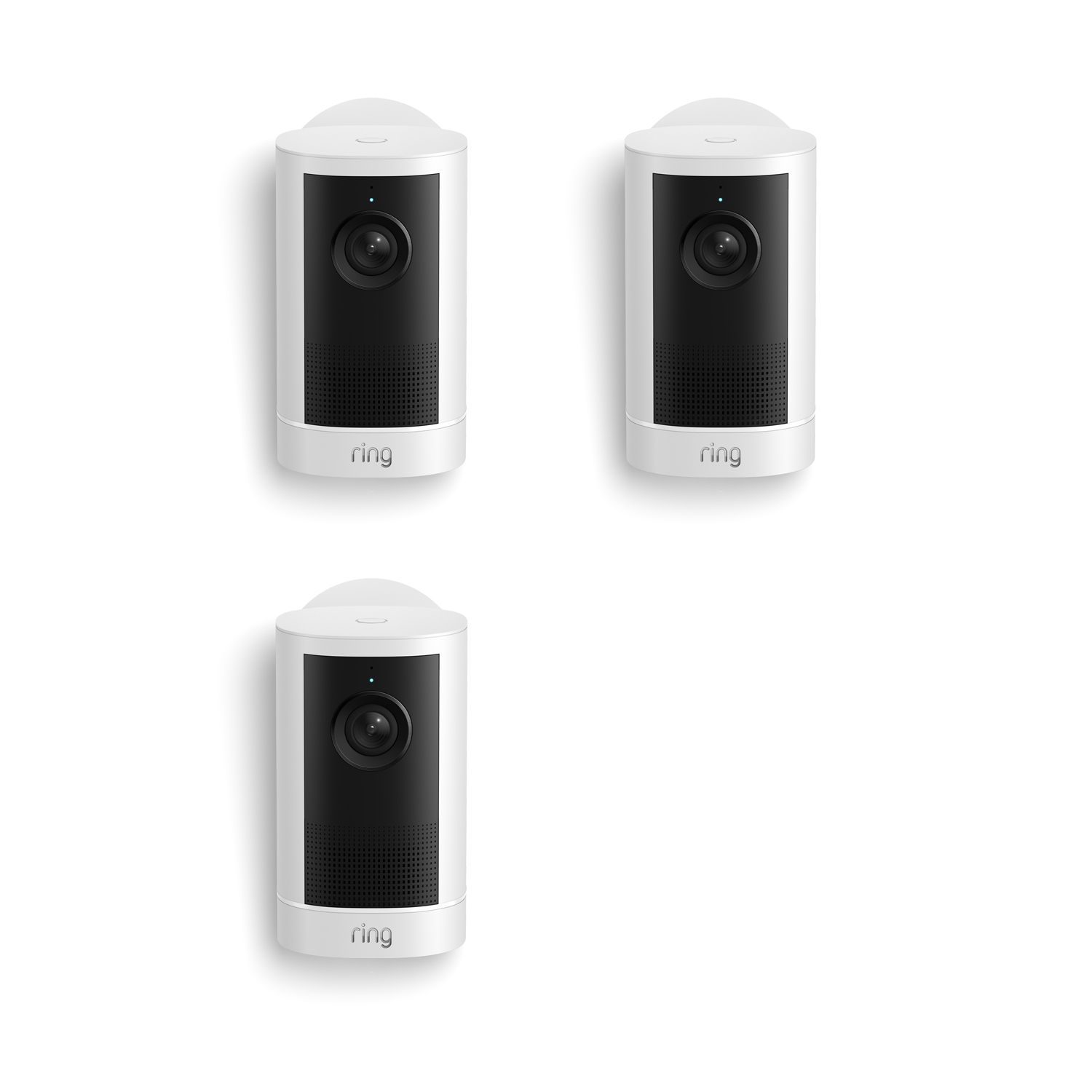 Outdoor Cam 4K Plus  - Set of three white Ring outdoor cameras on a white background, each with a black faceplate and lens centered near the top.