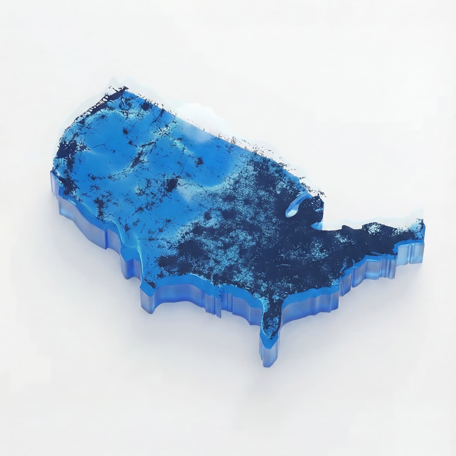 3D blue map of the United States with textured dark patterns and a glossy, translucent edge on a light background.