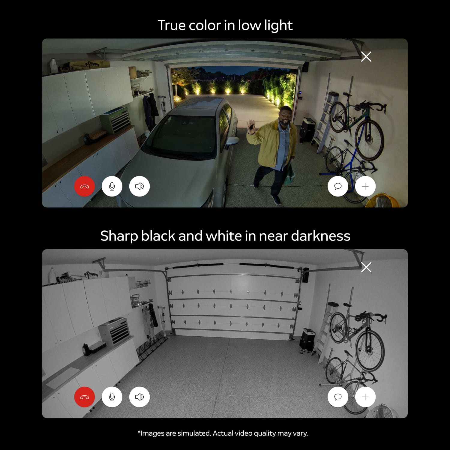Indoor Cam 4K - Split screen of a garage camera view, top shows a person waving near a car in color at night; bottom shows the same scene in black and white.