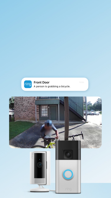 Video of a person taking a bicycle. Next to the video is a picture of a white indoor camera and silver doorbell.