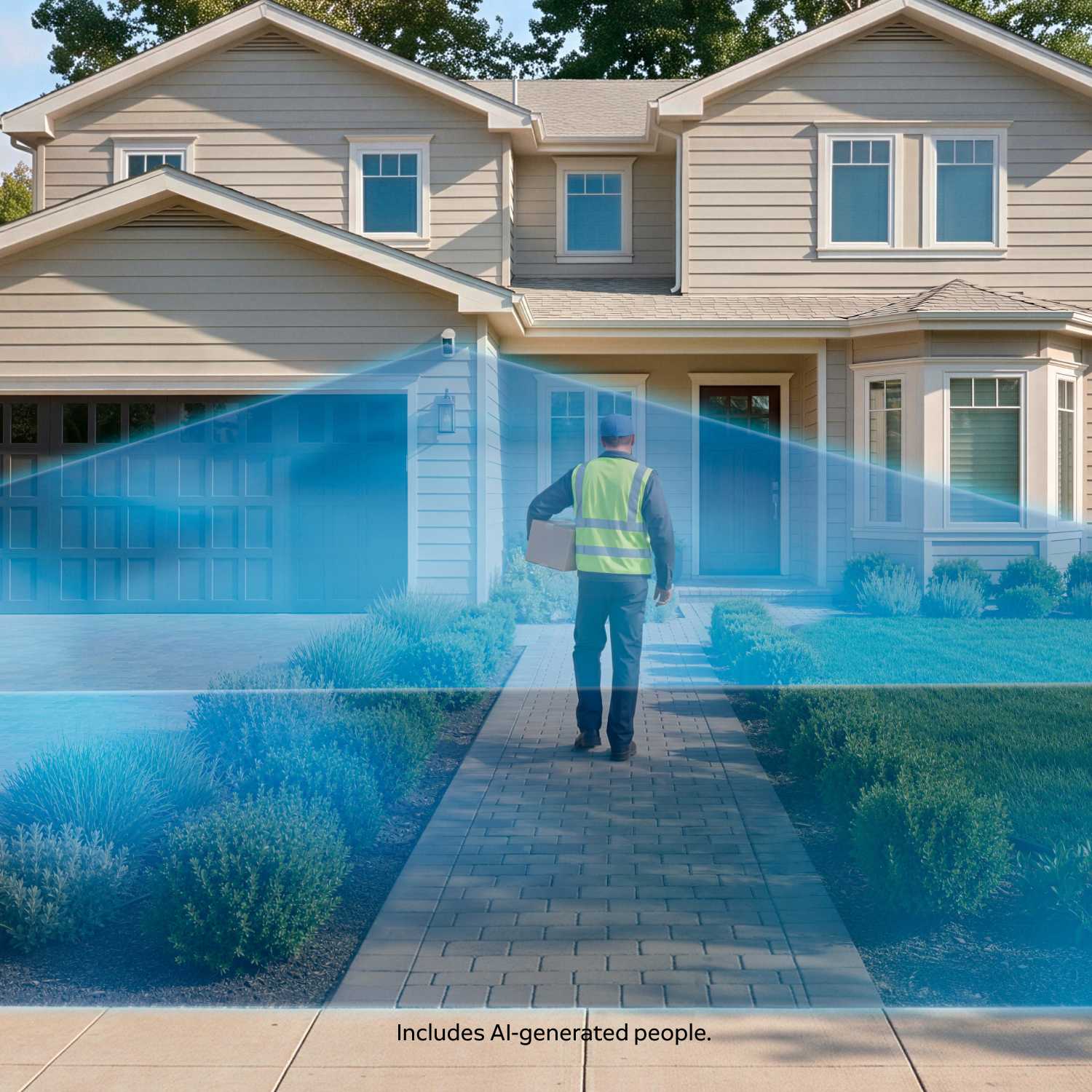 Delivery worker carrying a package walks up a brick path to a beige two-story house, shown with a blue motion-detection zone.