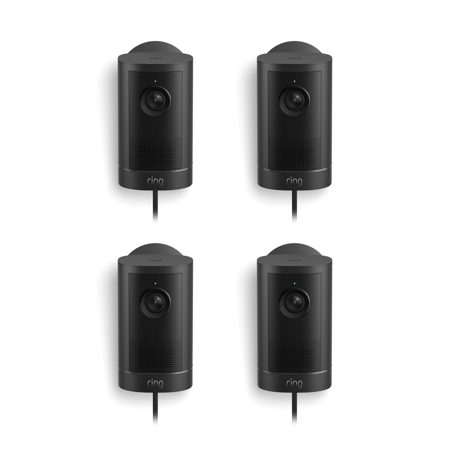 Outdoor Cam 4K Plus  - Set of four black Ring wired security cameras on a white background, each with lens, speaker grille, and power cord.