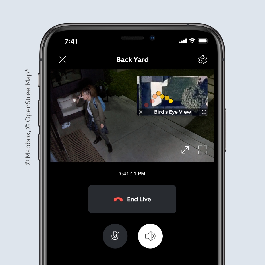 Live security camera feed in Ring App, showing a person in a backyard at night with Bird's Eye View tracking.