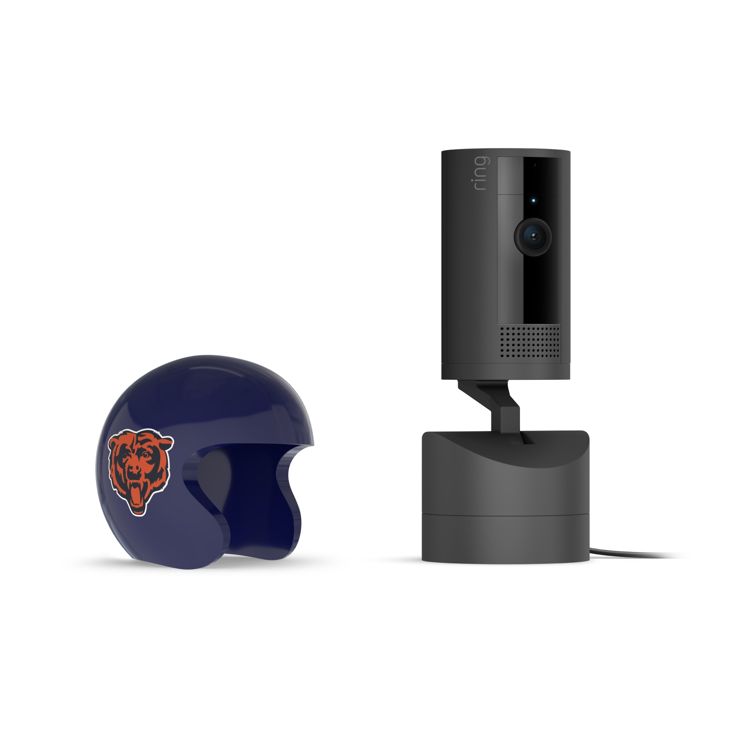 Pan-Tilt Indoor Cam, Black + NFL Game Day Cam Cover — NFC - Black Ring indoor camera on a base beside a glossy navy mini football helmet with an orange bear logo on a white background.