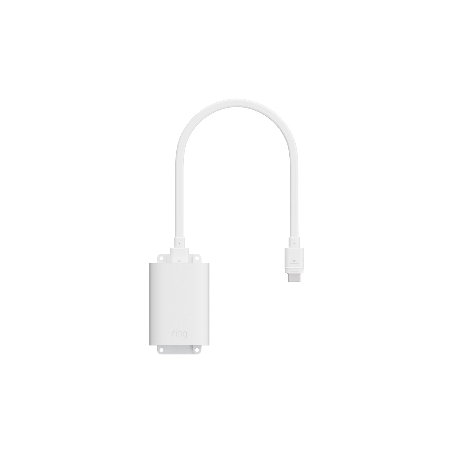 PoE+ to USB-C Indoor Adapter (Indoor Cam 4K, Outdoor Cam 4K Plus, Outdoor Cam 4K Pro, Outdoor Cam Plus) - White Ring power adapter with a compact wall-mountable module and an attached cable ending in a USB-C connector on a plain background.