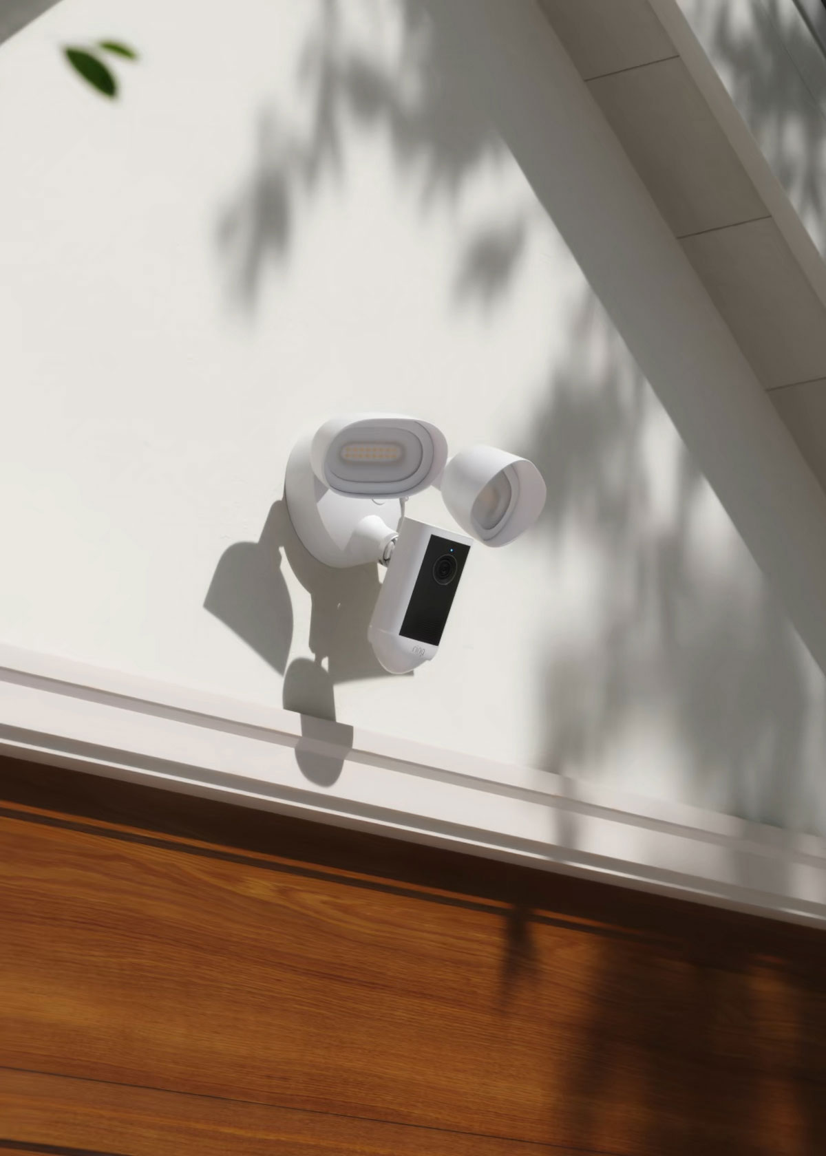 Outdoor floodlight camera mounted above a garage door on a white wall, lit by daylight with tree leaves in the foreground.