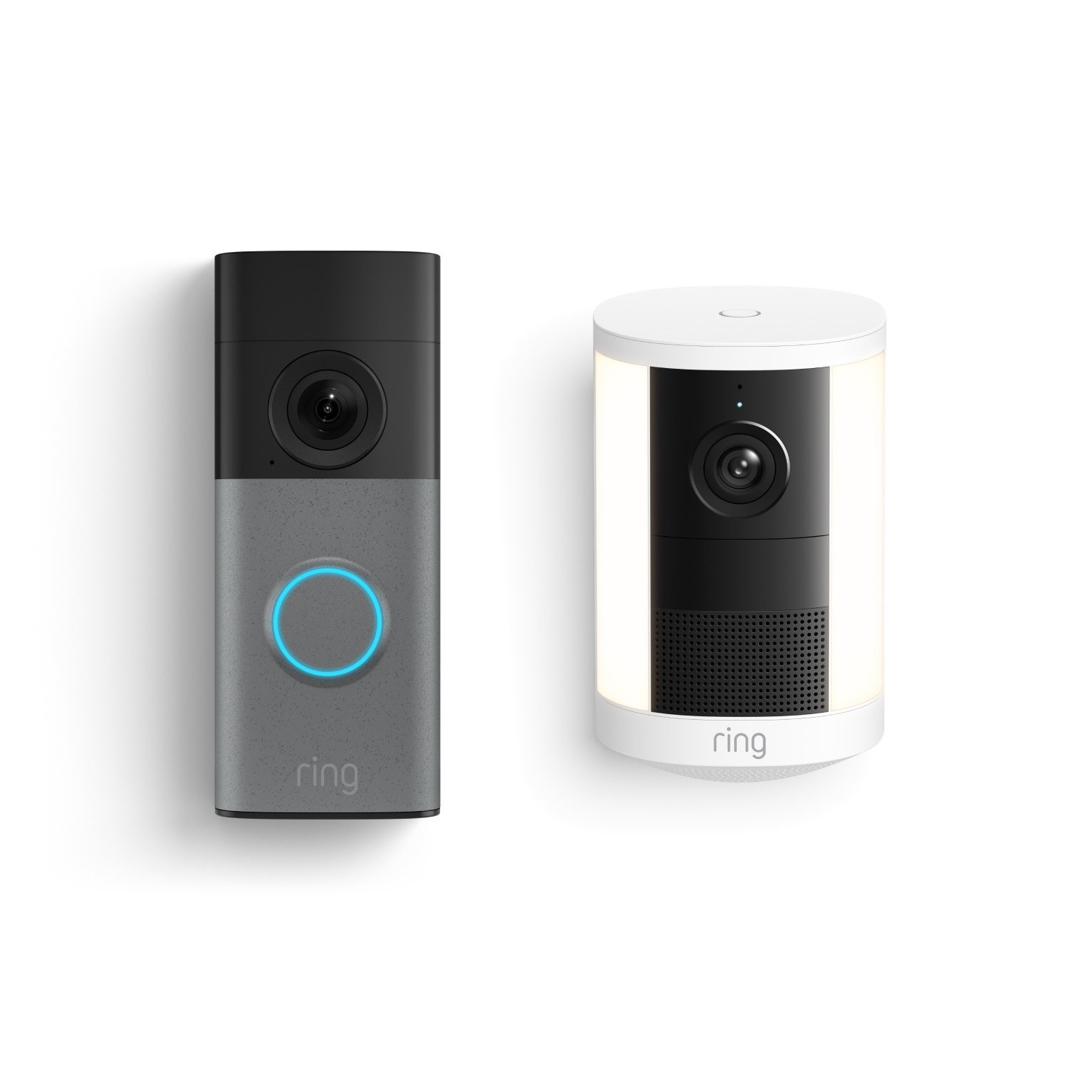 Wired Doorbell (Newest Model) + Spotlight Cam (Newest Model)  - A gray video doorbell with a glowing blue ring and a white cylindrical indoor camera with side lights.