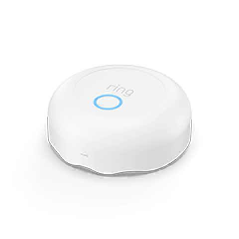 A white Ring Alarm Flood and Freeze Sensor with a blue LED ring.