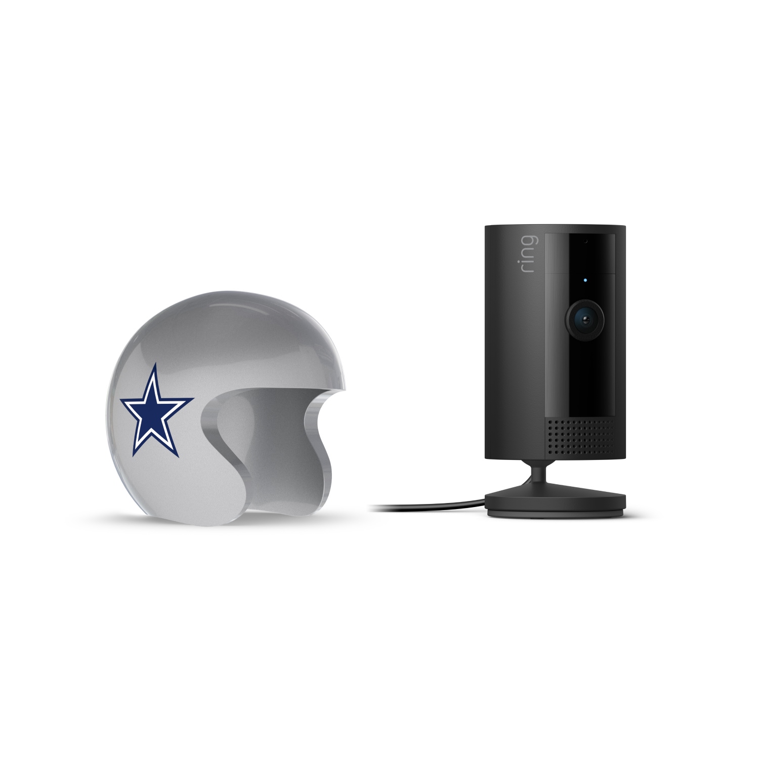 Indoor Cam, Black + NFL Game Day Cam Cover — NFC - Black Ring indoor camera on a stand next to a silver football helmet with a blue star logo, against a white background.