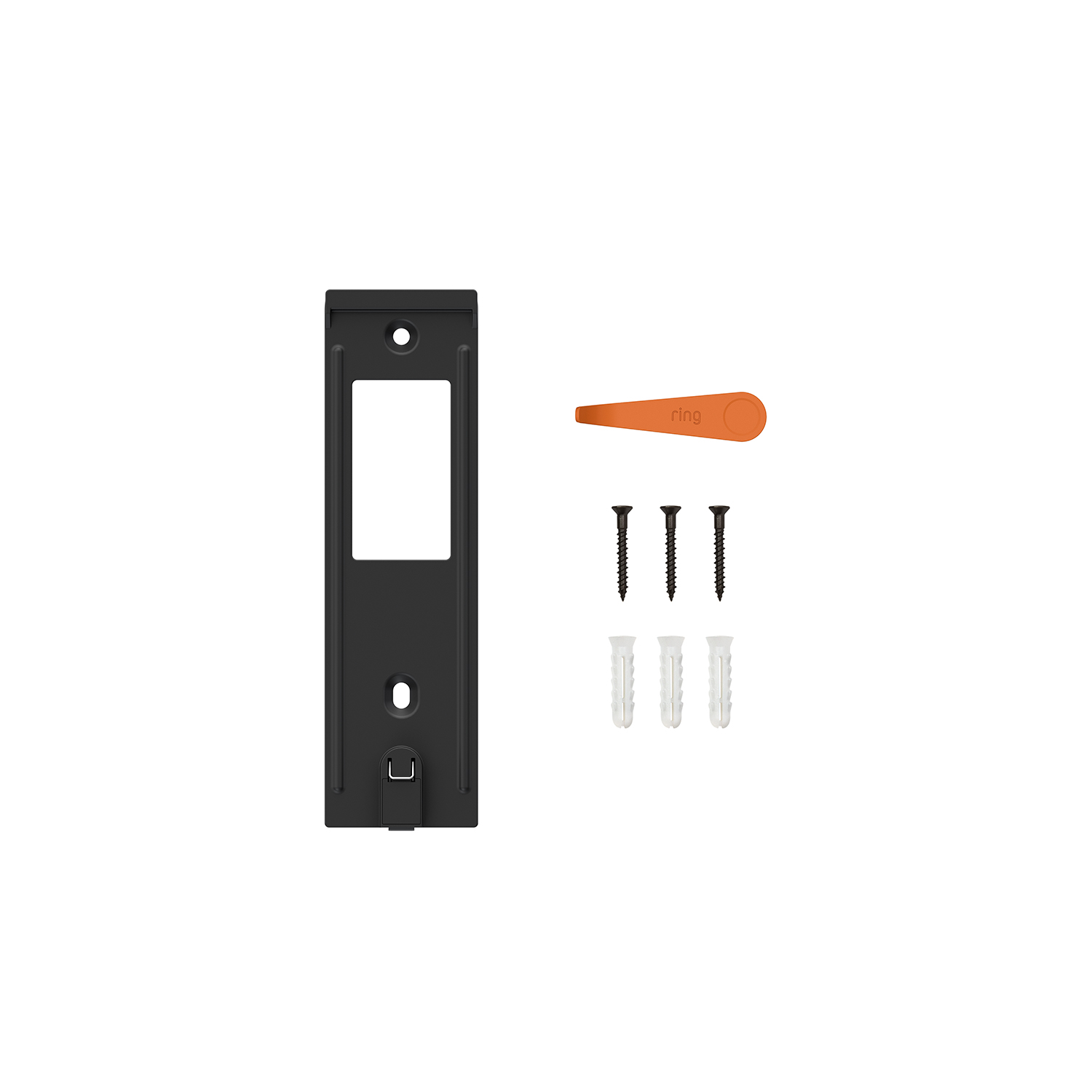 Spare Parts Kit (Battery Doorbell (Newest Model)) - Black doorbell mounting bracket kit with screws, wall anchors, and an orange plastic tool arranged neatly on a white background.