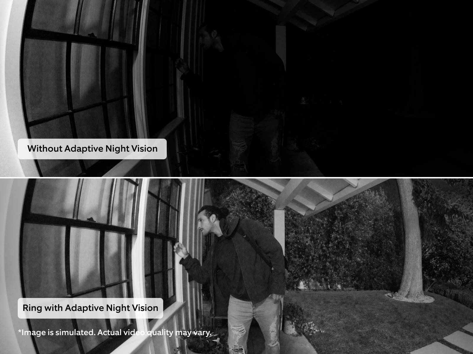 Split screen comparison showing a suspicious man approaching a home window at night. Top image without Adaptive Night Vision appears very dark and hard to see details. Bottom image with Adaptive Night Vision shows clearer, brighter view of the same scene.