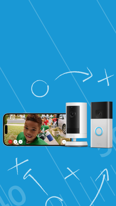 Mobile phone next to indoor cam and video doorbell.