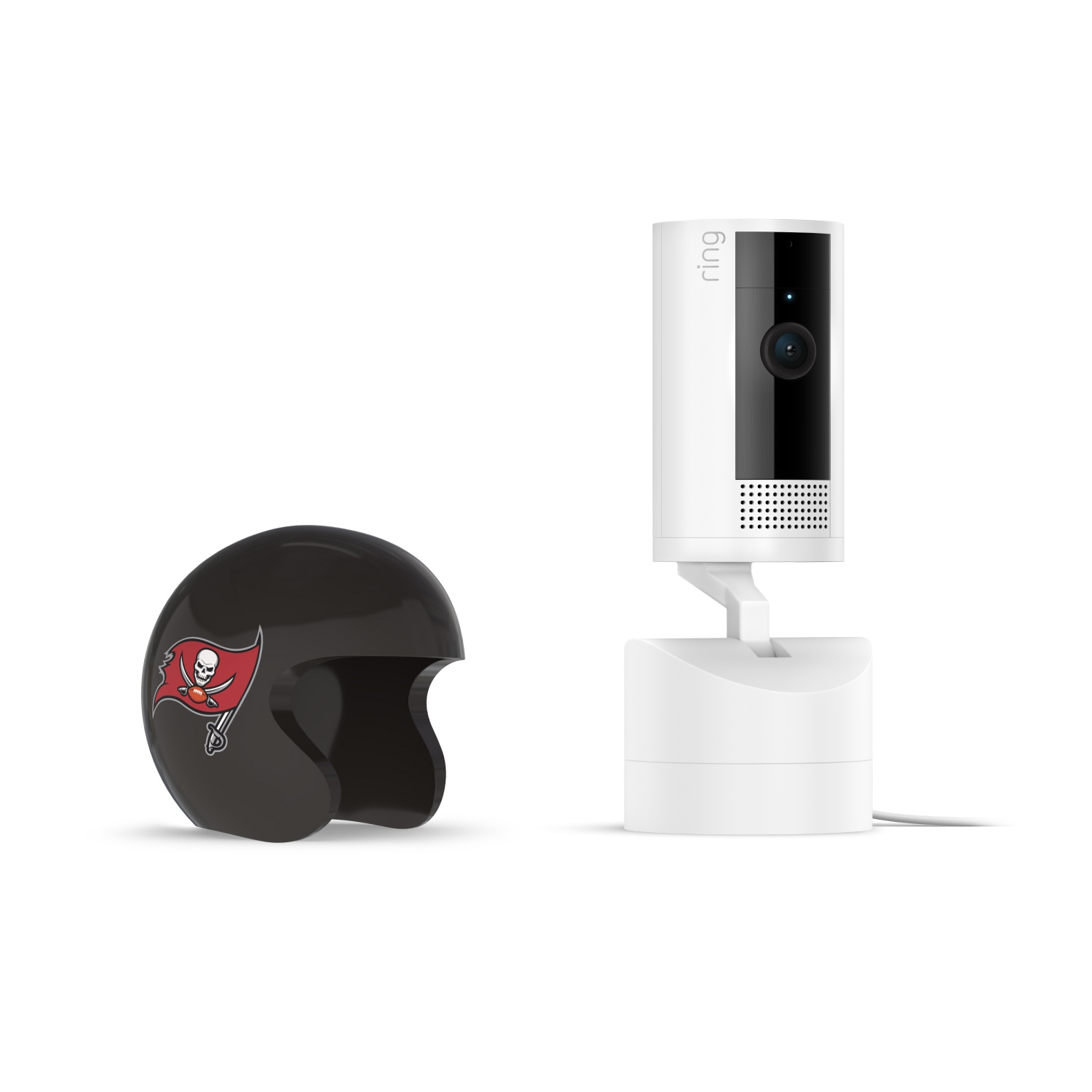 Pan-Tilt Indoor Cam, White + NFL Game Day Cam Cover — NFC - White Ring indoor camera on a white mount next to a small black football helmet with a red pirate flag logo on a plain white background.