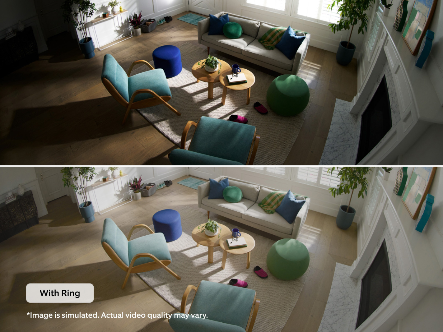  a split comparison image of a modern living room. 