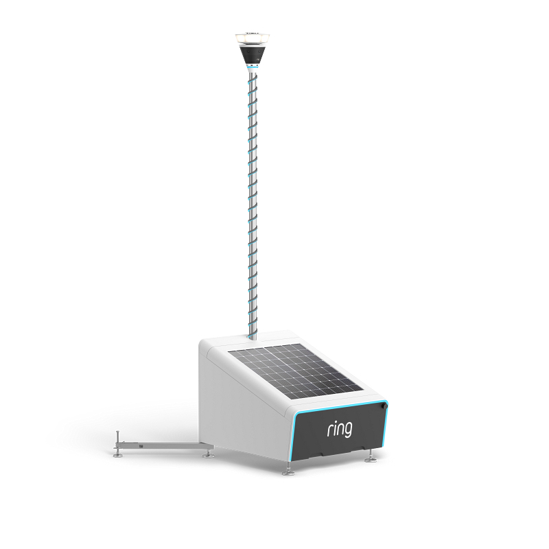 Ring elite solar panel base and a tall spiral pole topped by a camera dome, shown on a white background.