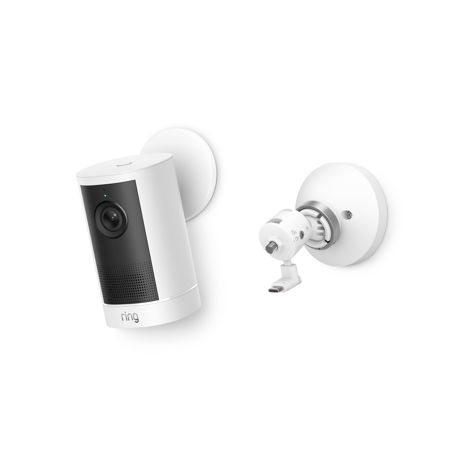 Outdoor Cam 4K Plus  - White wall-mounted security camera with black front panel and lens, shown next to an adjustable mounting bracket and connector.