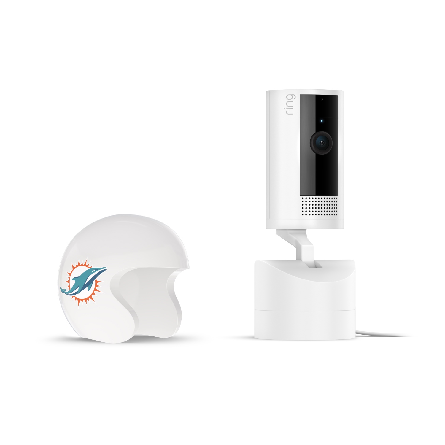 Pan-Tilt Indoor Cam, White + NFL Game Day Cam Cover — AFC - White Ring indoor camera on stand next to a white mini football helmet with a teal dolphin logo on a plain white background.