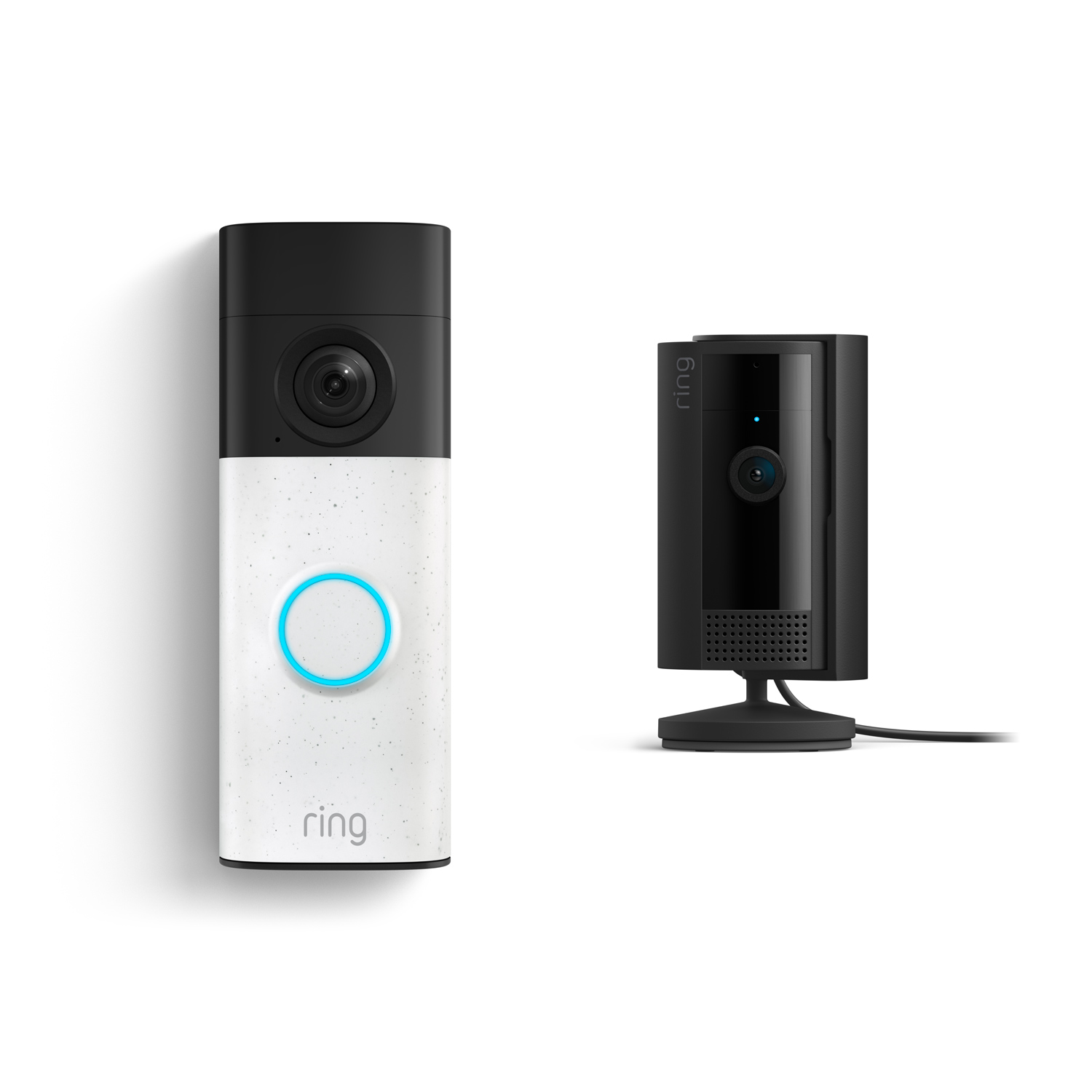 Battery Doorbell (Newest Model) + Indoor Camera (Newest Model) - Ring video doorbell with glowing blue button on left, and a small black indoor camera on a stand with power cable on right.