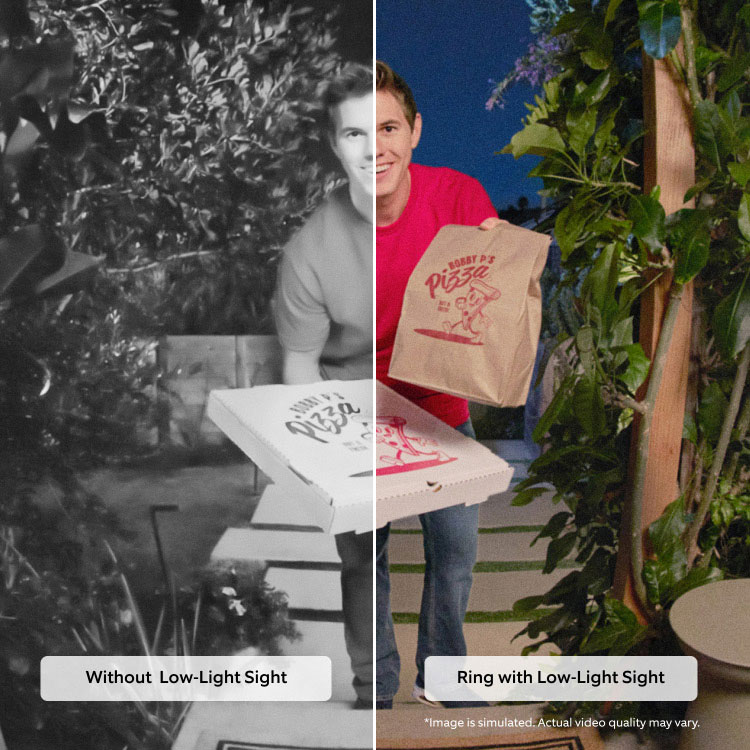 Simulated image of pizza delivery person in low light. The left side of the image is in black and white, and the right side is in color.