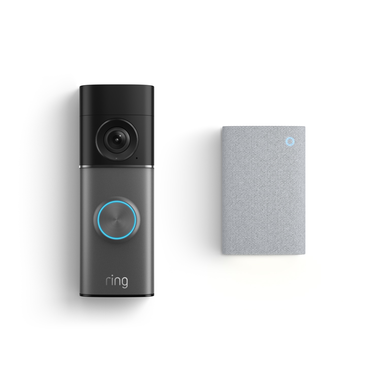Wired Doorbell Pro (Newest Model) + Chime Plus (Newest Model) - Black and gray smart video doorbell with glowing blue ring next to a compact gray chime speaker on a white background.