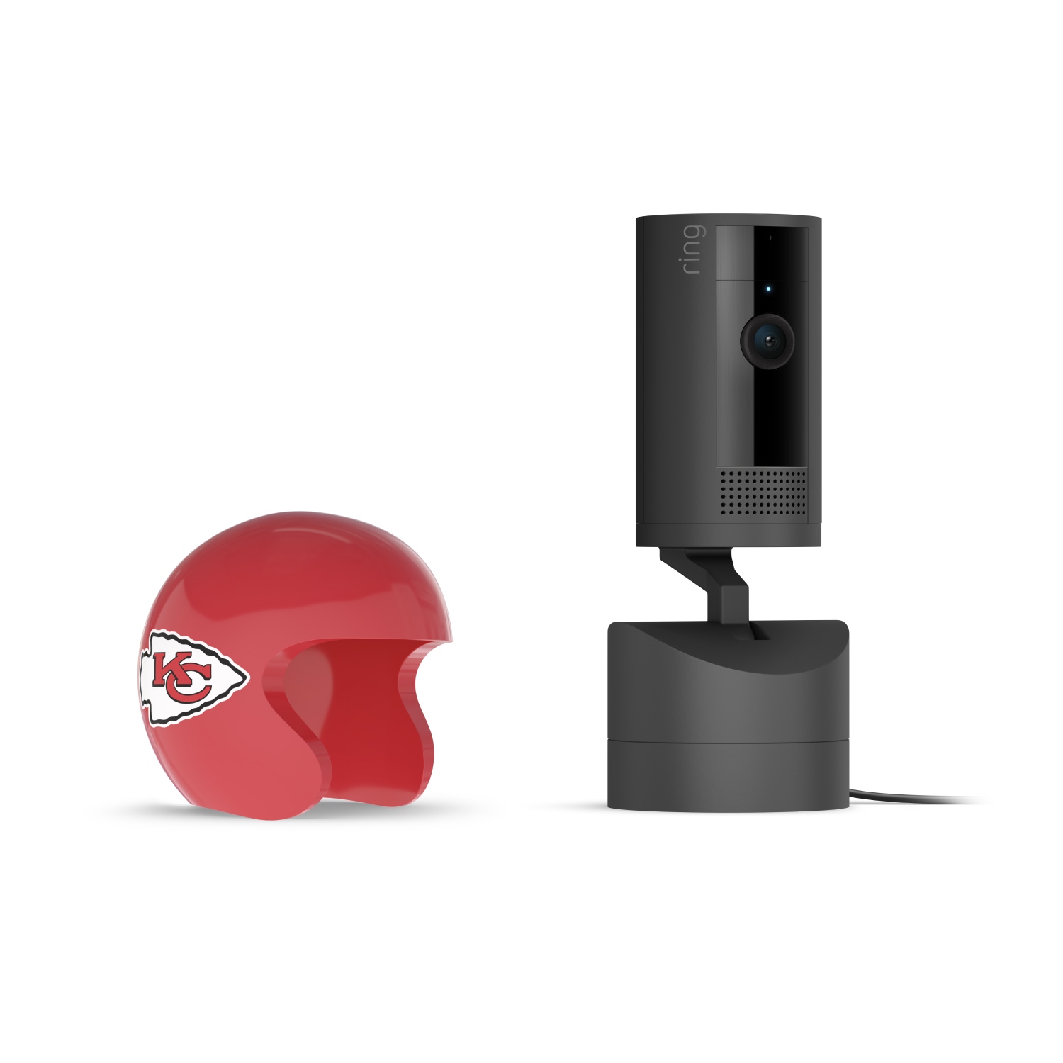 Pan-Tilt Indoor Cam, Black + NFL Game Day Cam Cover — AFC - Black Ring indoor camera on a stand beside a small red Kansas City Chiefs helmet on a white background.