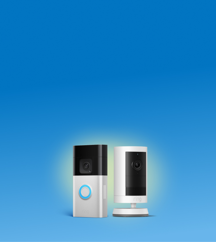 Two Ring devices on a blue gradient: a silver video doorbell with a glowing blue button and a white indoor camera on a stand.