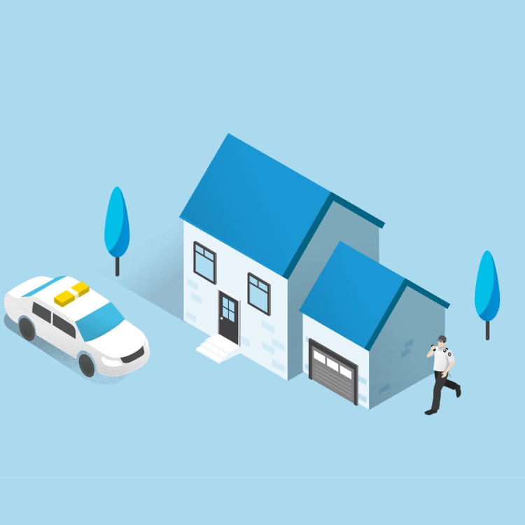 Illustration of a white patrol car parked by a blue-roof house with a garage, trees nearby, and an officer walking while talking on a radio.