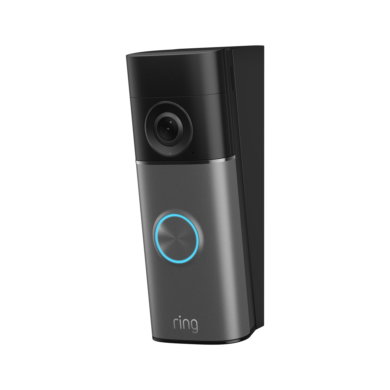 Wedge Kit (Battery Doorbell (Newest Model), Battery Doorbell Plus (Newest Model), Battery Doorbell Pro (Newest Model)) - Black and gray Ring video doorbell with camera lens on top and illuminated blue ring button on the front, shown mounted at an angle on a Wedge Kit.
