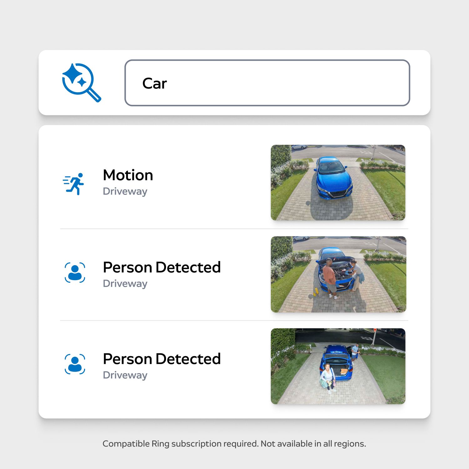 App screen showing search for “Car” with three driveway clips: a blue car arriving, two people checking the open hood, then standing nearby.