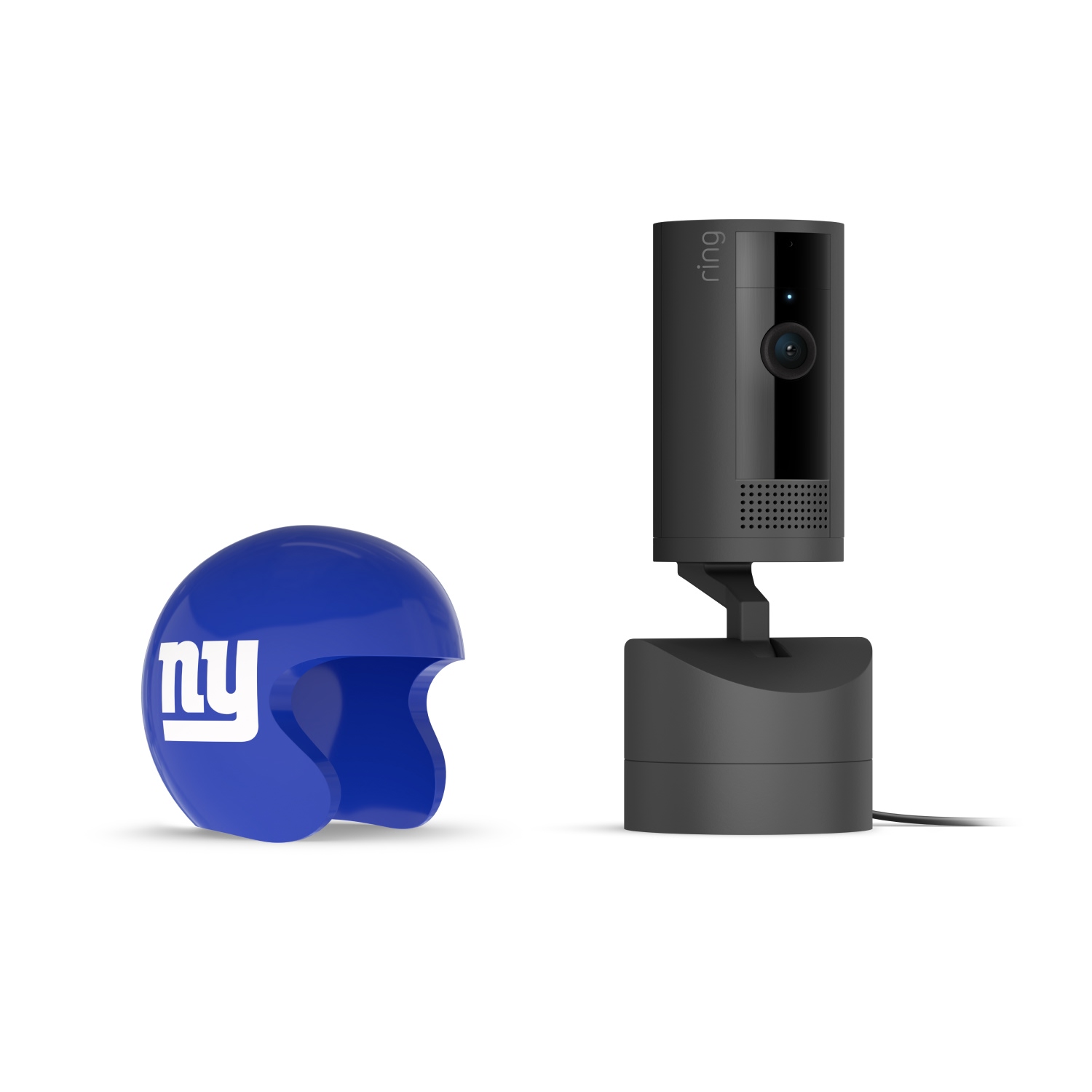 Pan-Tilt Indoor Cam, Black + NFL Game Day Cam Cover — NFC - Black Ring indoor camera on a stand with power cord, next to a blue mini football helmet with white “ny” logo on a white background.