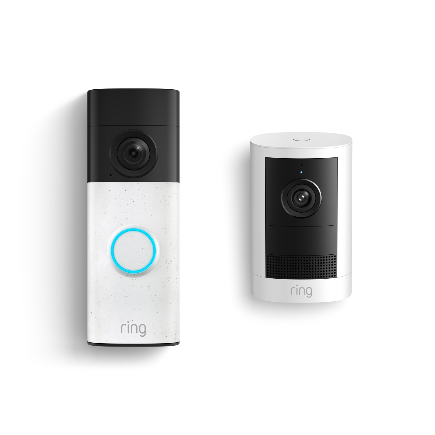 Battery Doorbell 2K + Outdoor Cam 2K, Battery - Ring Battery Doorbell 2K in Speckled White with Outdoor Cam 2K, Battery in White.