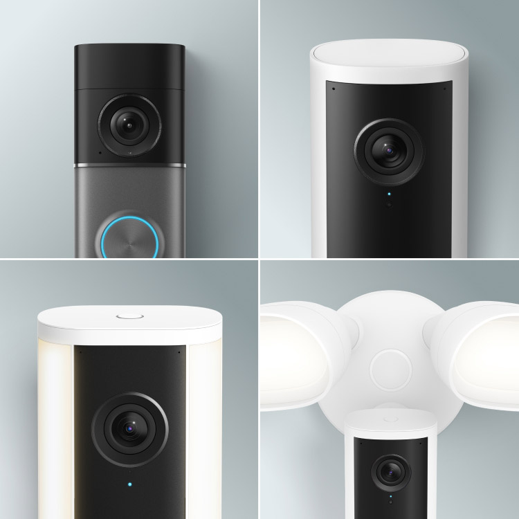 Product photos of three Ring cameras and one doorbell in 4 different quadrants.