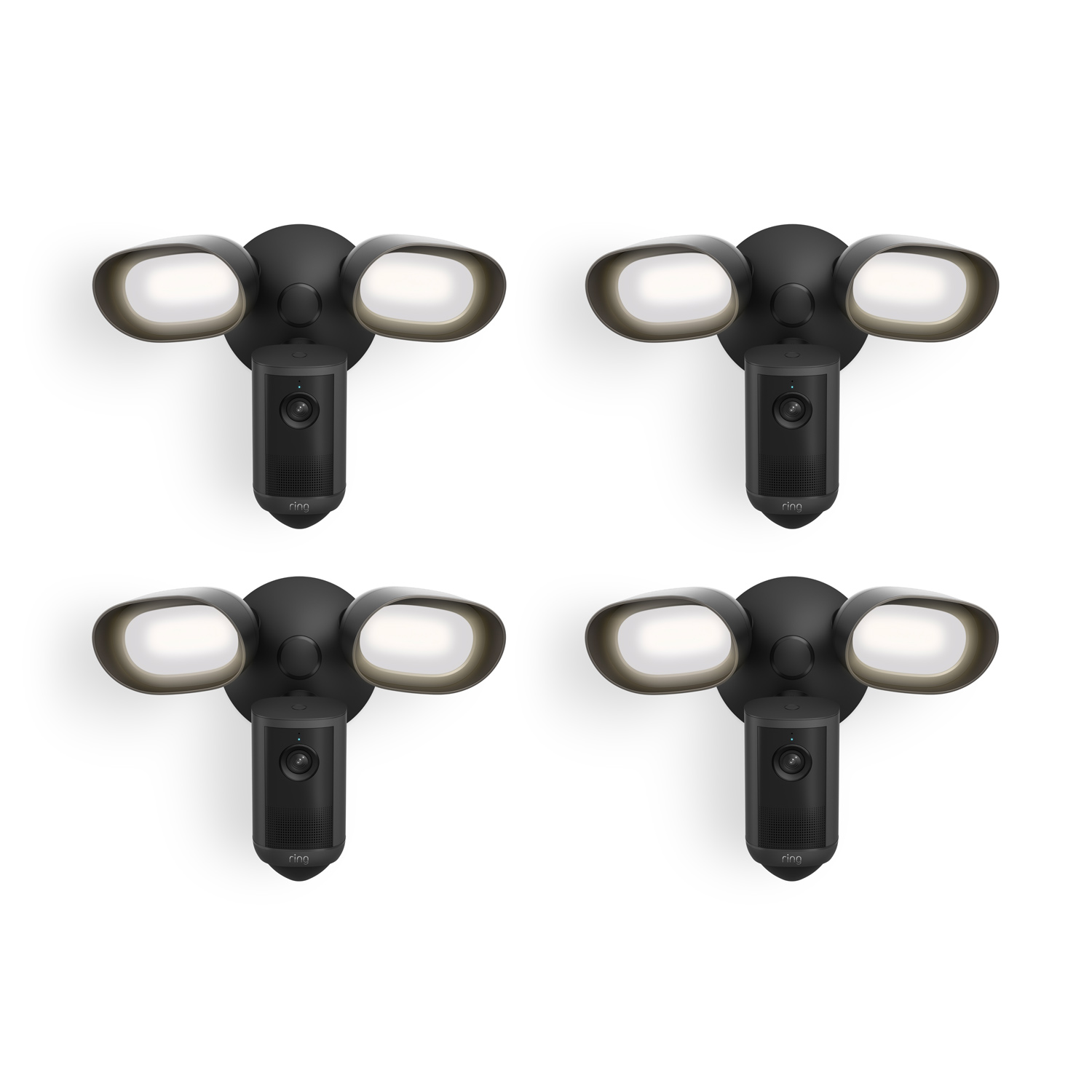 Floodlight Cam 4K Plus - Set of four black dual-head outdoor floodlight cameras with bright white LEDs, arranged in a grid on a white background.