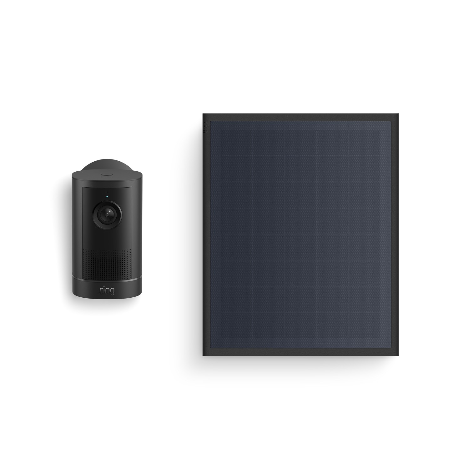 Outdoor Cam 4K Plus  - Black Ring Outdoor Cam next to a rectangular dark solar panel on a white background.