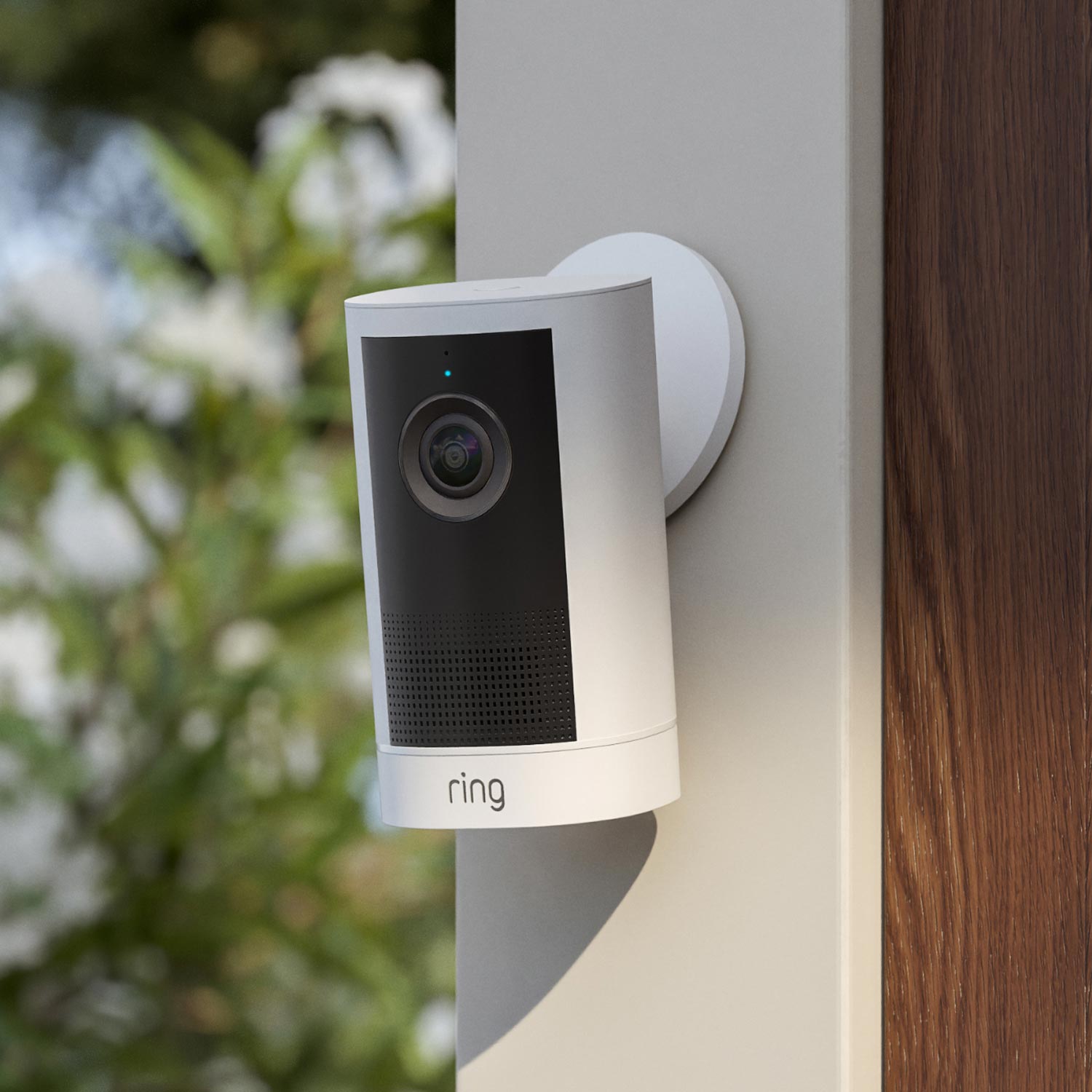 Outdoor Cam 4K Plus  - Battery:White Ring Outdoor Cam mounted on an exterior wall near wood trim, facing outdoors with greenery blurred in the background.