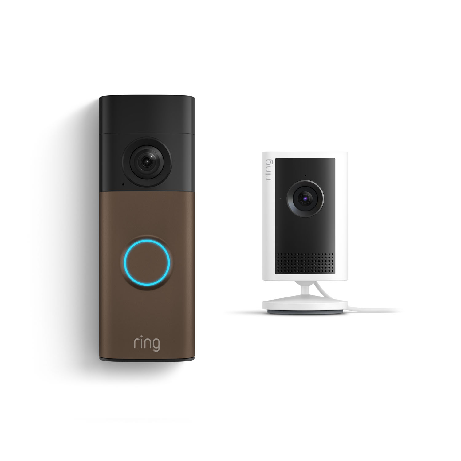 Battery Doorbell (Newest Model) + Indoor Cam Plus - Ring brown and black video doorbell with blue-lit button next to a small white indoor camera on a stand, both against a white background.