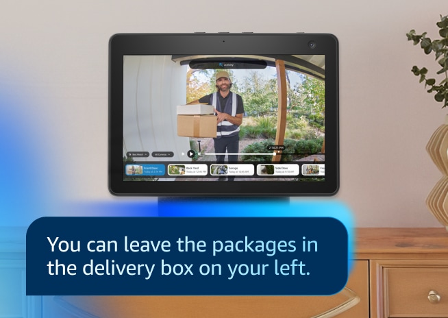 Live Doorbell feed of person delivering a package is an Alexa Echo Show. Alexa tells the visitor, 