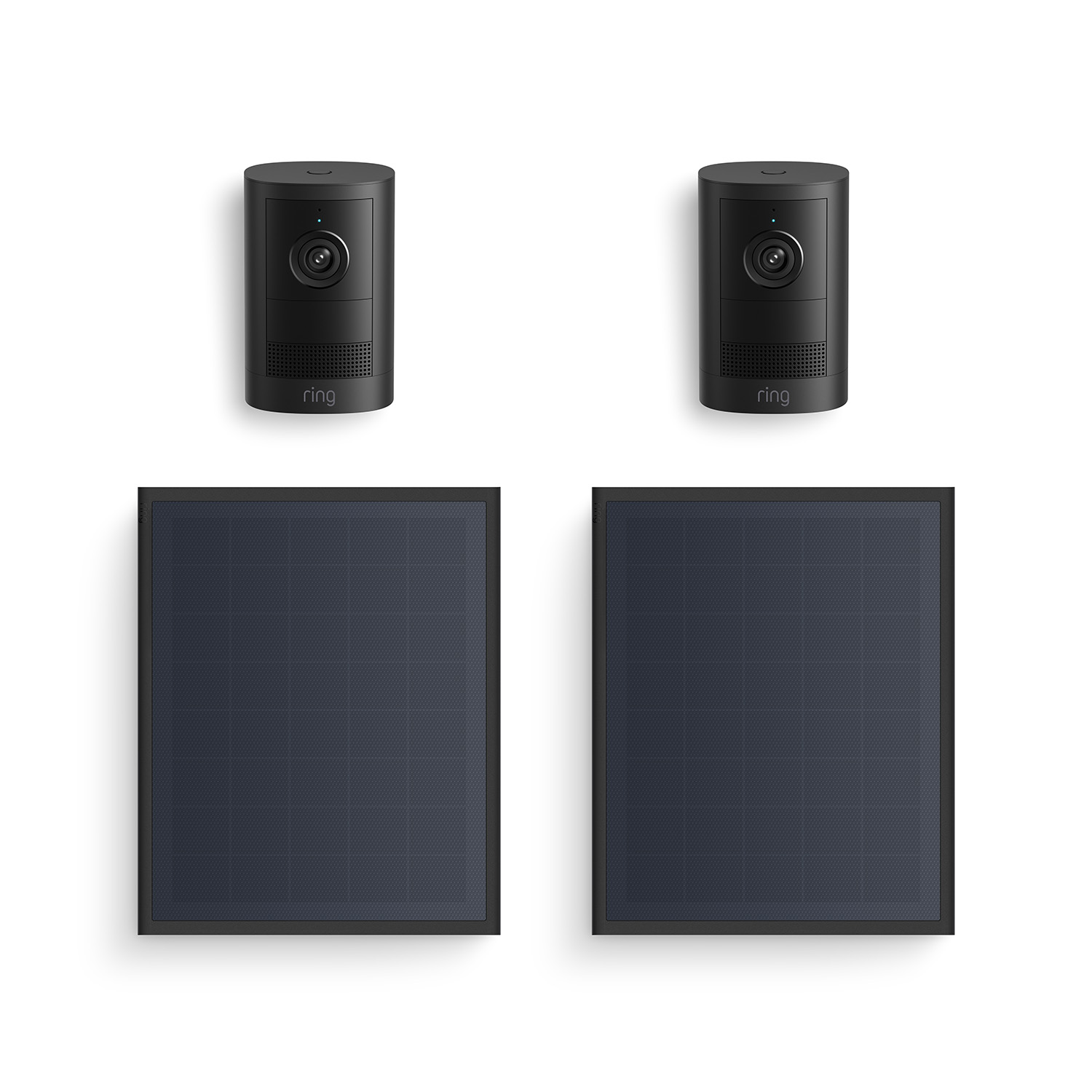 Outdoor Cam 4K Plus  - Two black Ring indoor/outdoor cameras paired with two rectangular solar panels on a white background.
