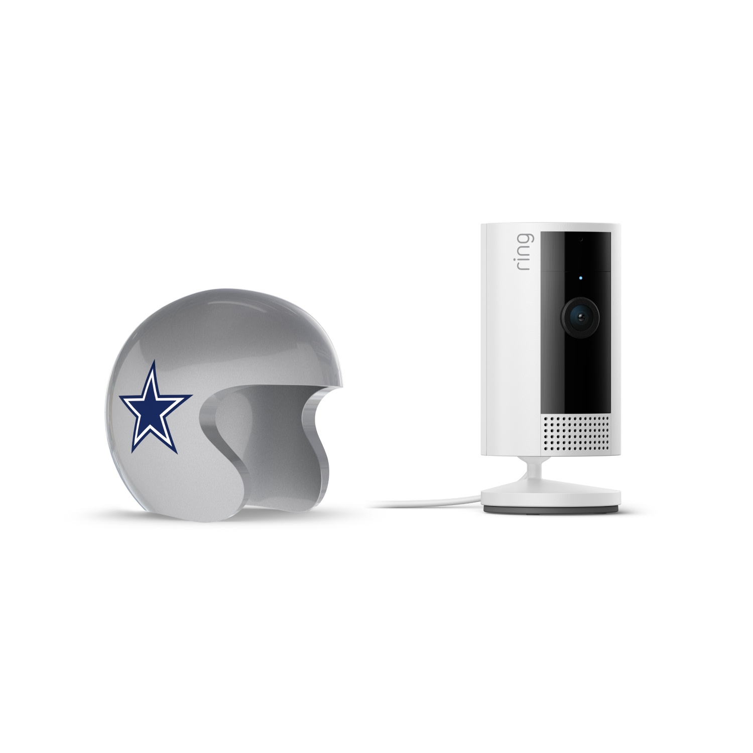 Indoor Cam, White + NFL Game Day Cam Cover — NFC - White Ring indoor camera on a stand next to a silver football helmet with a blue star logo, on a white background.