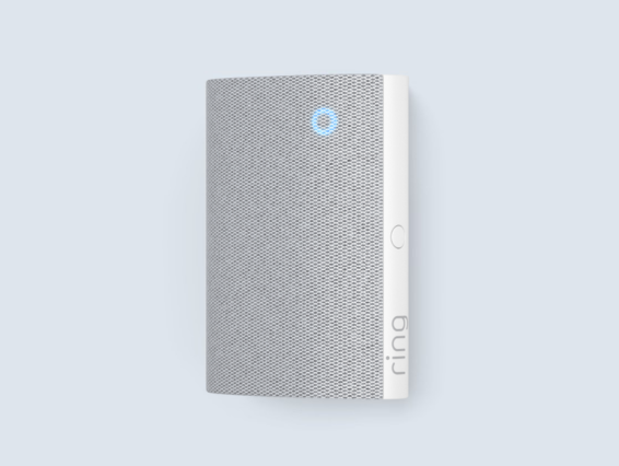 Ring Chime 3rd Gen with a white and grey mesh design, featuring a blue Ring logo in the upper corner.