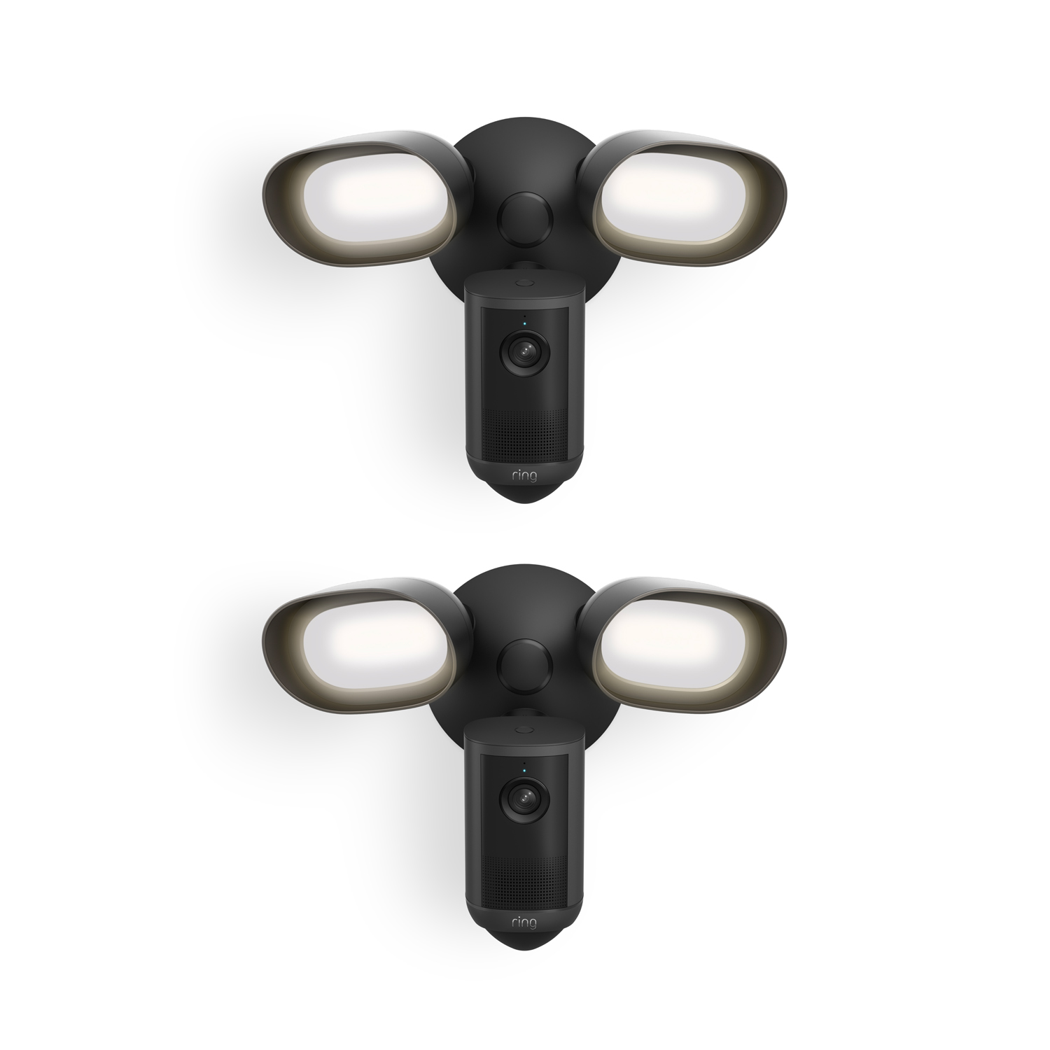 Floodlight Cam 4K Plus - Two black outdoor floodlight units with built-in cameras, each with dual LED lamps and a central camera, shown on a white background.