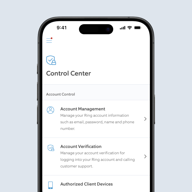 Ring app Control Center on smartphone, showing account management, verification, and authorized client device settings.