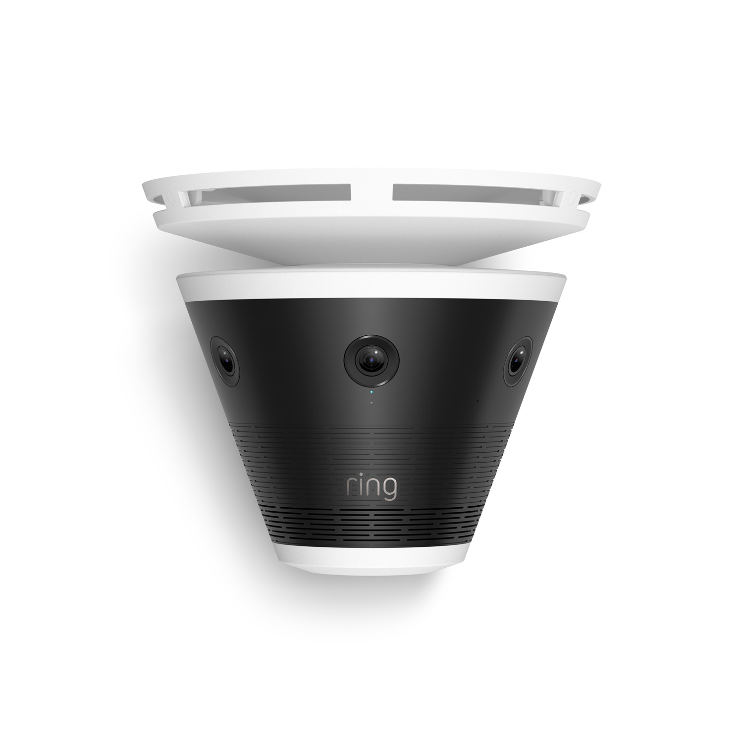 Ring Elite 360 4K - Ceiling-mounted Ring cone-shaped camera with multiple lenses, black and white body, isolated on a white background.