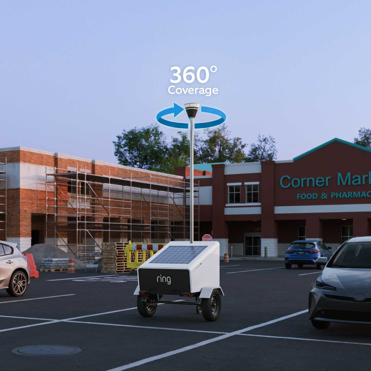 Ring security device with 360° coverage monitoring a parking lot outside Corner Market store with solar panels.
