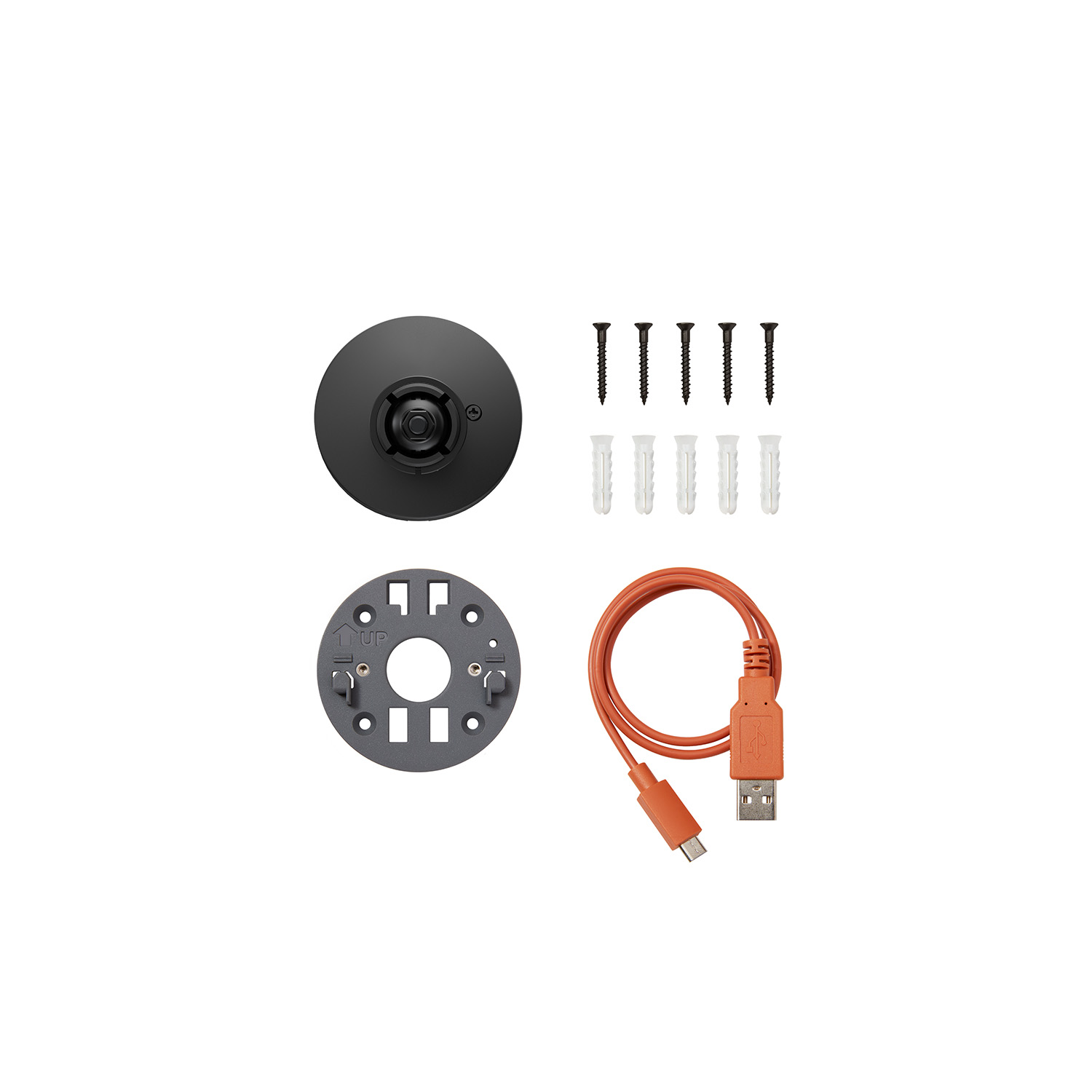 Spare Parts Kit - Black camera mount with grey mounting plate, screws and anchors, and an orange USB-A to micro-USB cable arranged on a white background.