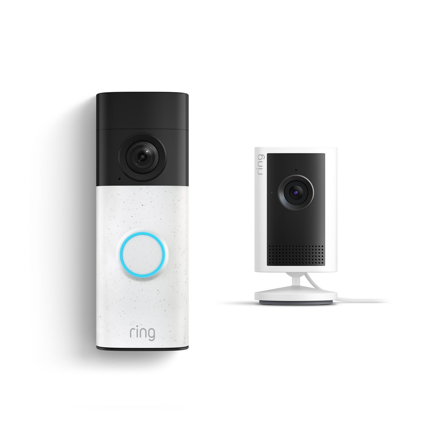 Battery Doorbell (Newest Model) + Indoor Cam Plus - Ring video doorbell with glowing blue button next to a compact indoor security camera on a stand, both in white and black.