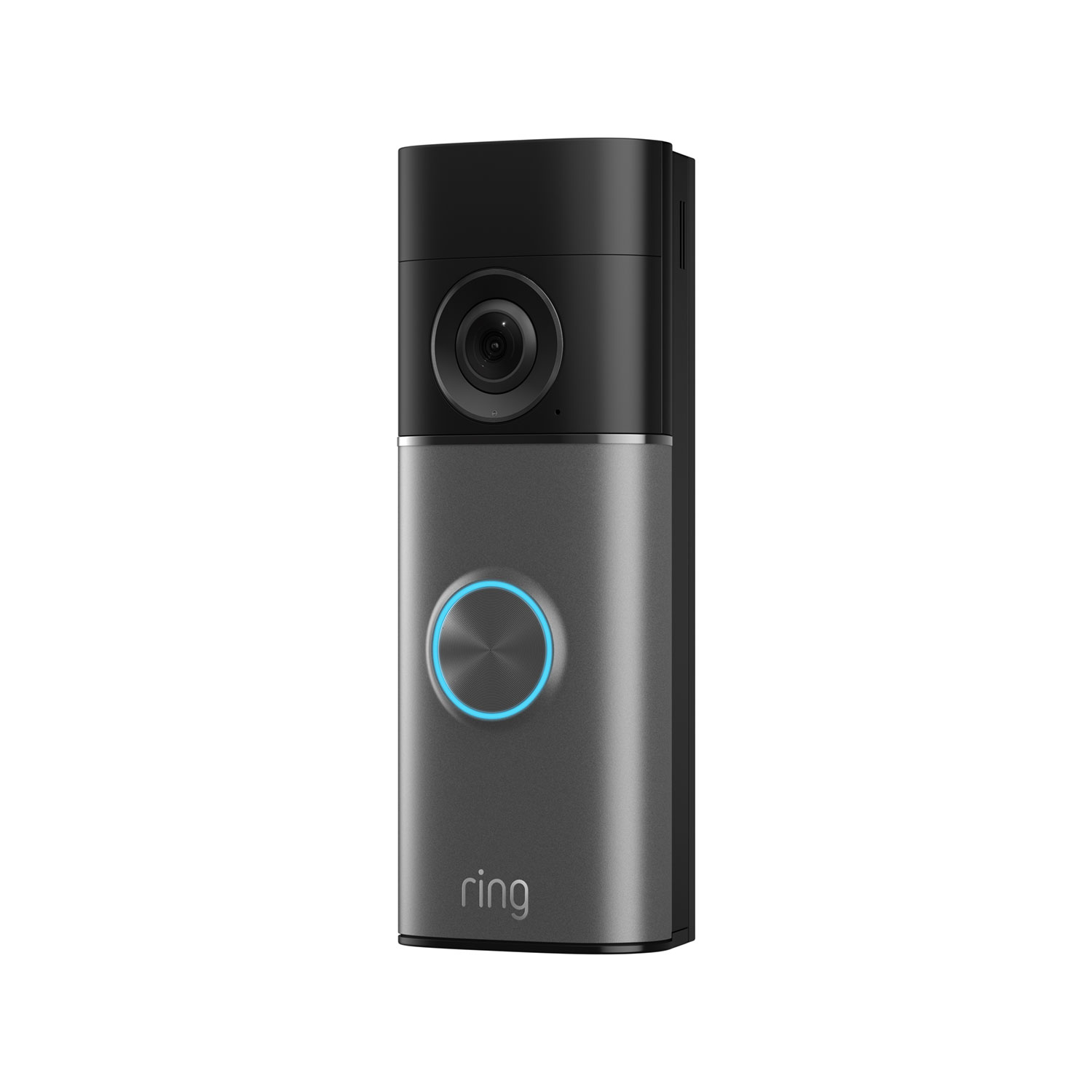 No Drill Mount (Battery Doorbell (Newest Model), Battery Doorbell Plus (Newest Model), Battery Doorbell Pro (Newest Model)) - Black and silver smart video doorbell with wide-angle camera on top and an illuminated blue ring button, shown on a white background.