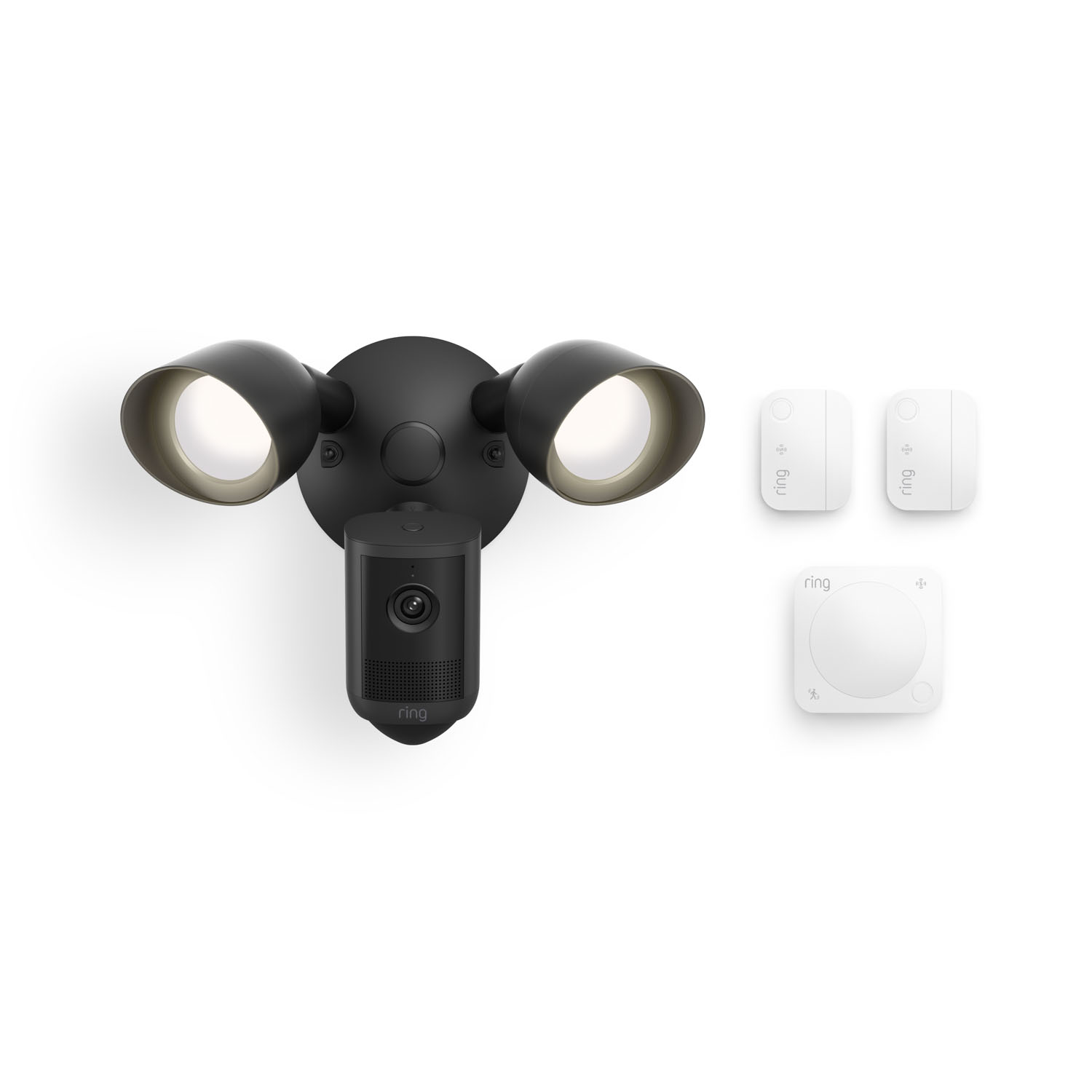 Floodlight Cam, Wired (Newest Model) + 2 Window & Door Sensors + Motion Detector - Black Ring floodlight with built-in camera, twin LED lamps, and three white wireless sensors displayed on a white background.
