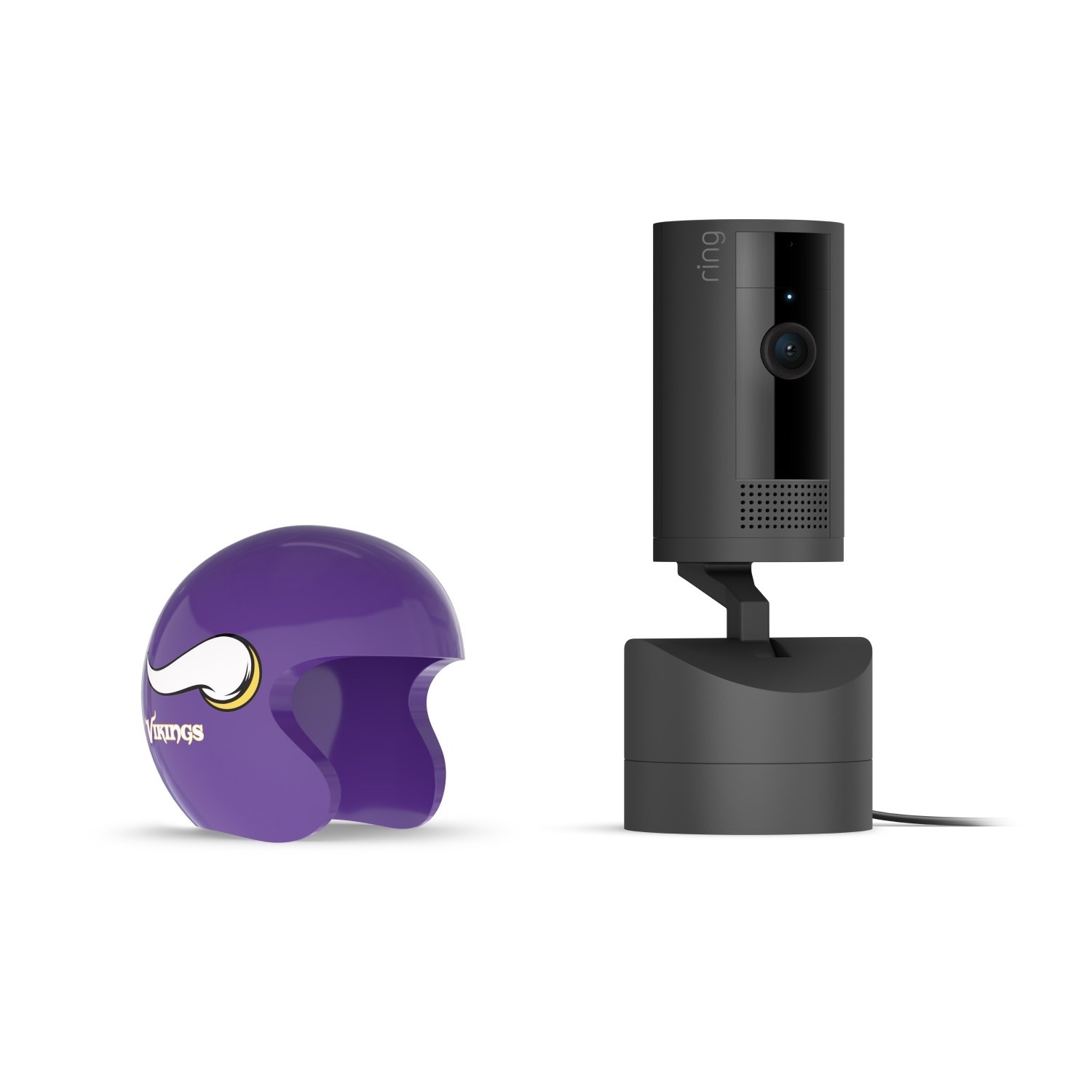 Pan-Tilt Indoor Cam, Black + NFL Game Day Cam Cover — NFC - Black Ring indoor camera on stand beside a small purple Vikings football helmet on a white background.