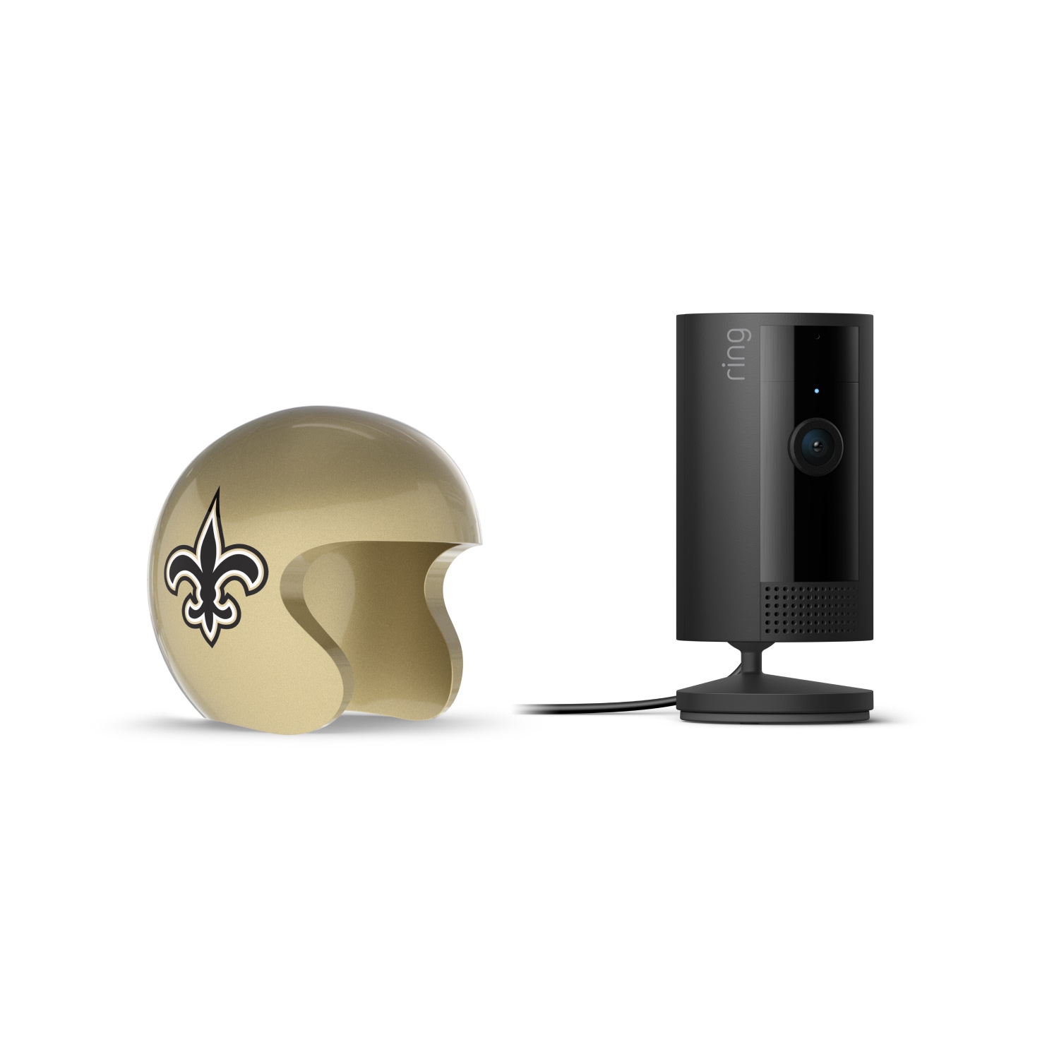 Indoor Cam, Black + NFL Game Day Cam Cover — NFC - Black Ring indoor camera on a stand beside a gold mini football helmet with a fleur-de-lis logo on a white background.